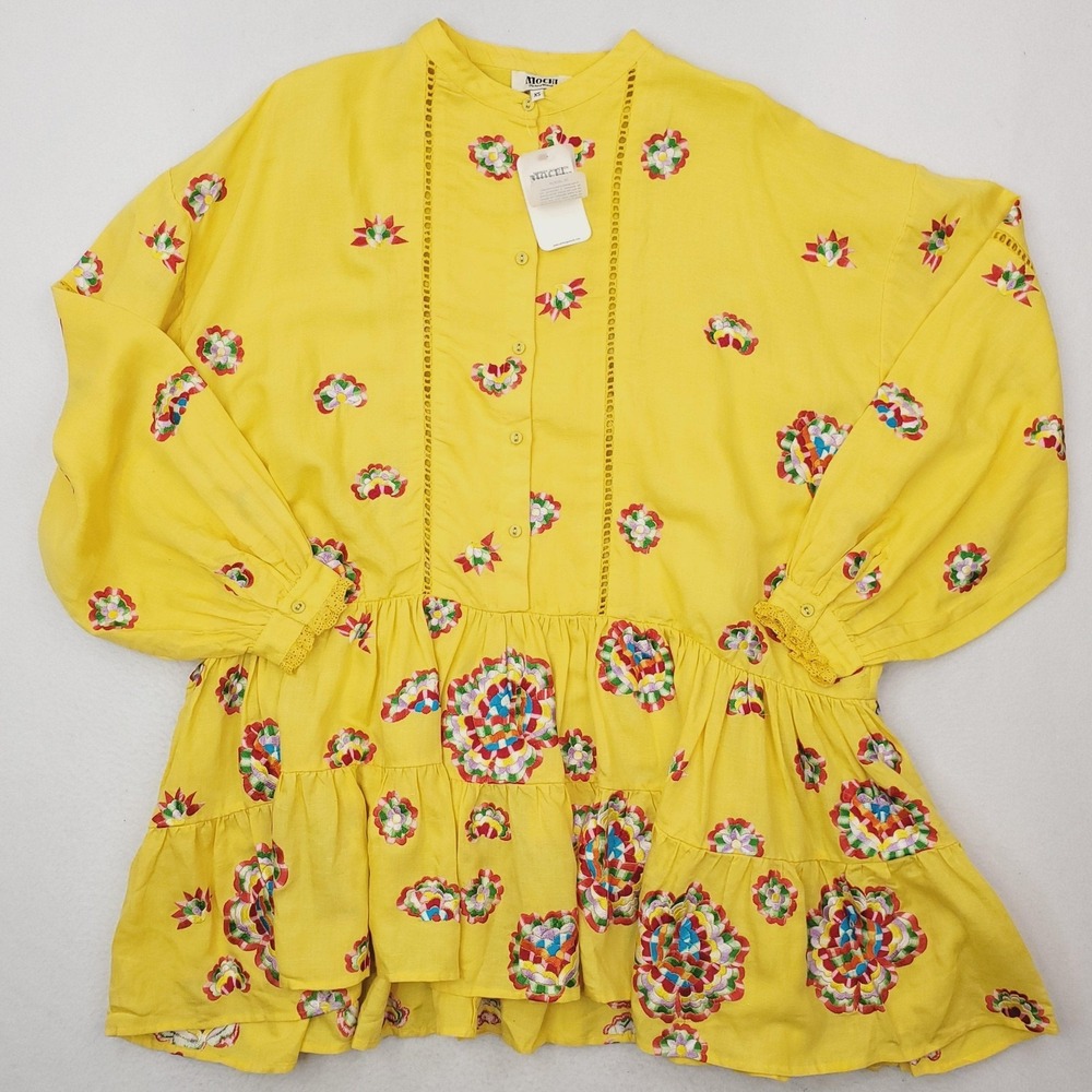 All Things Mochi Valentina Dress Womens XS Yellow Floral Oversized Mini Spanish